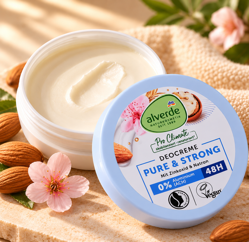 alverde Pure & Strong deodorant cream in warm beige natural-light styling
