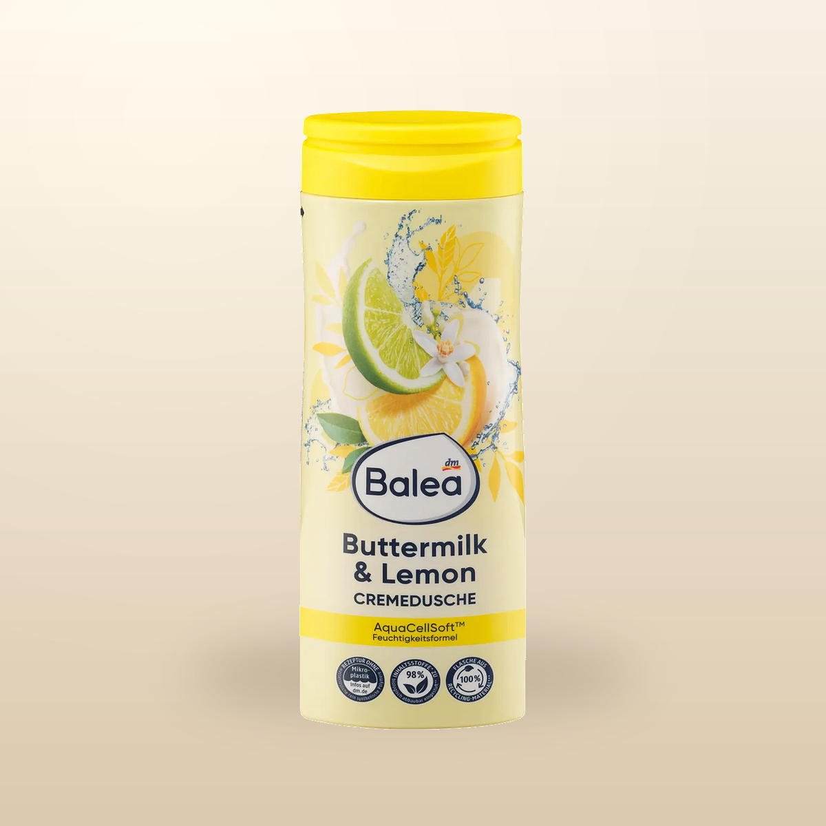 Balea Buttermilk & Lemon shower cream on a warm beige background