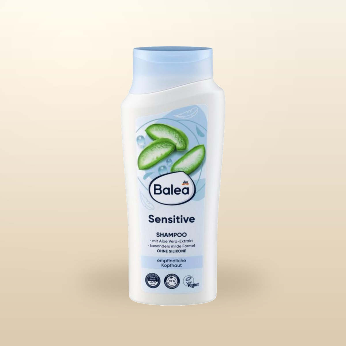 Balea Sensitive Shampoo 300 ml on a warm beige background